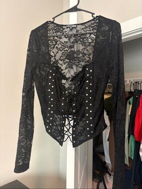 Fashion Nova Black Lace Corset-Style Long Sleeve Top with Stud Accents